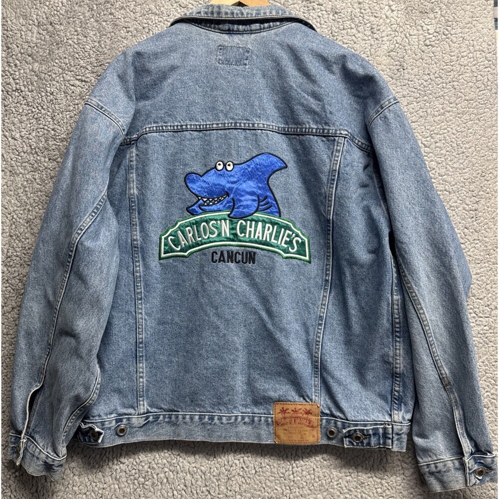 Vintage 90's Embroidered Jean Jacket XL Carlos N Charlies Cancun Mexico.
